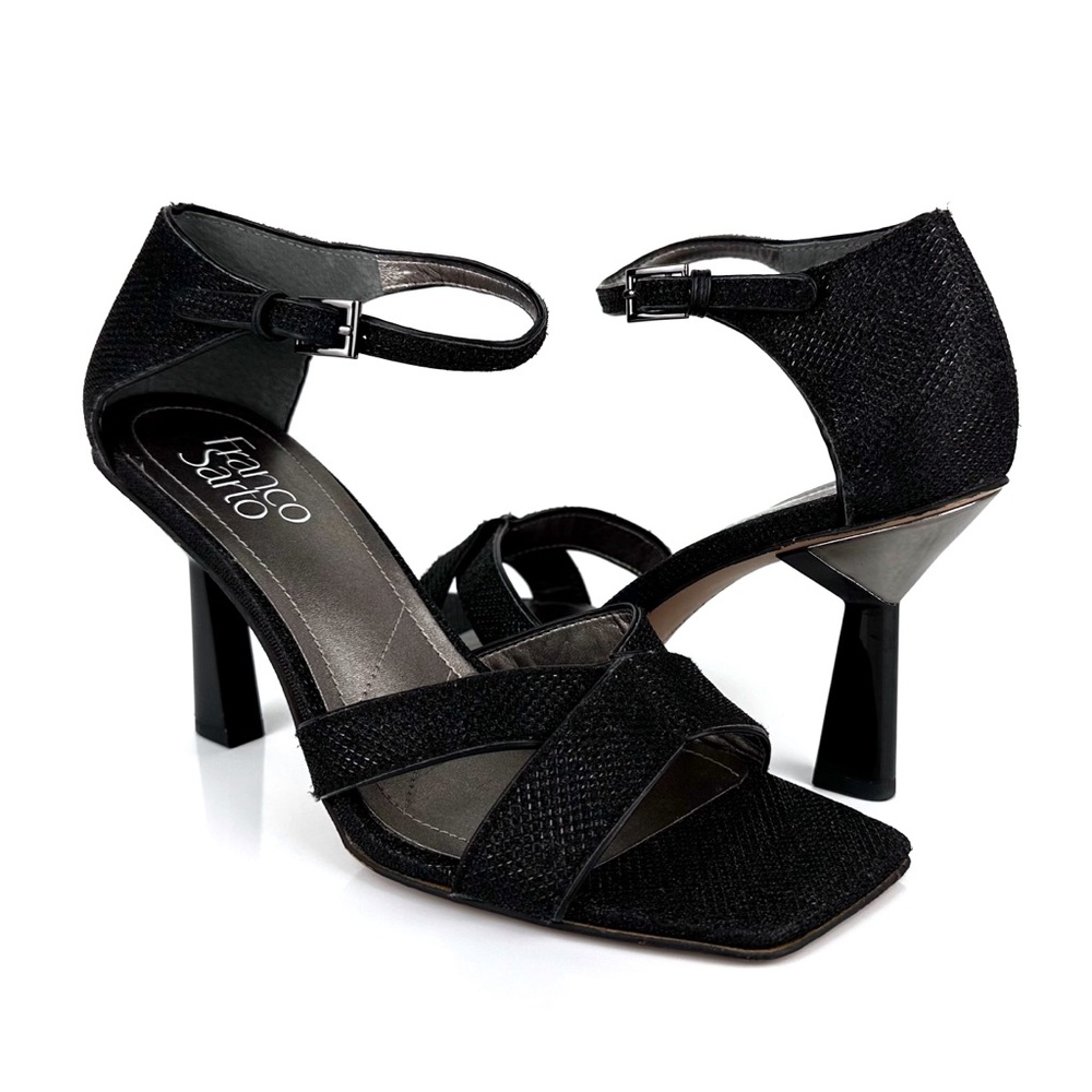 Franco Sarto Women's Rania 2 Ankle Strap Shimmer Heels Sandals Black Size 8
